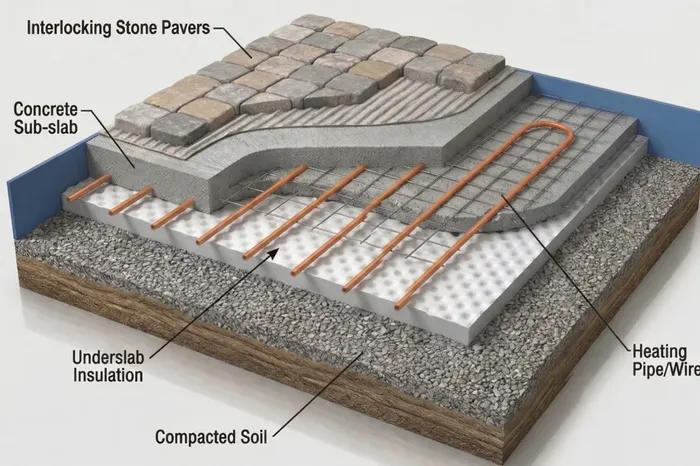 Cross-section diagram showing interlocking stone pavers, concrete sub-slab, heating pipe, underslab insulation, and compacted soil