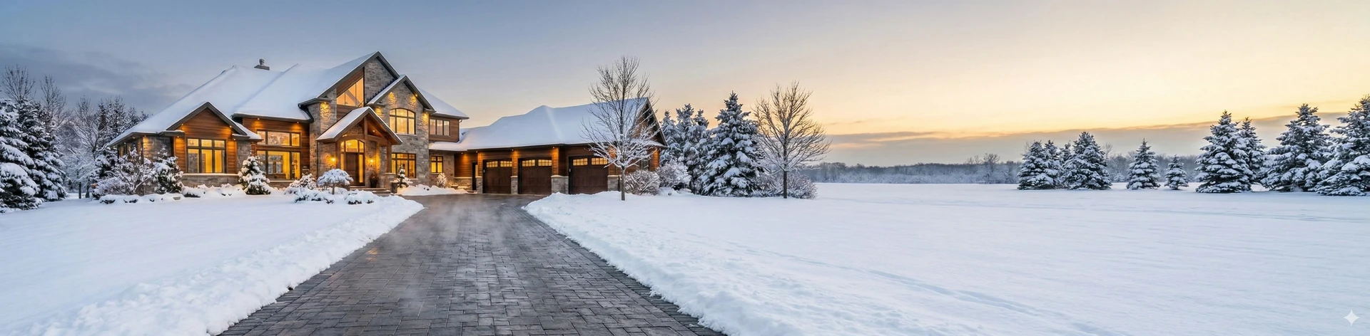 A luxury home with a long, clear heated driveway surrounded by snow-covered landscape in winter